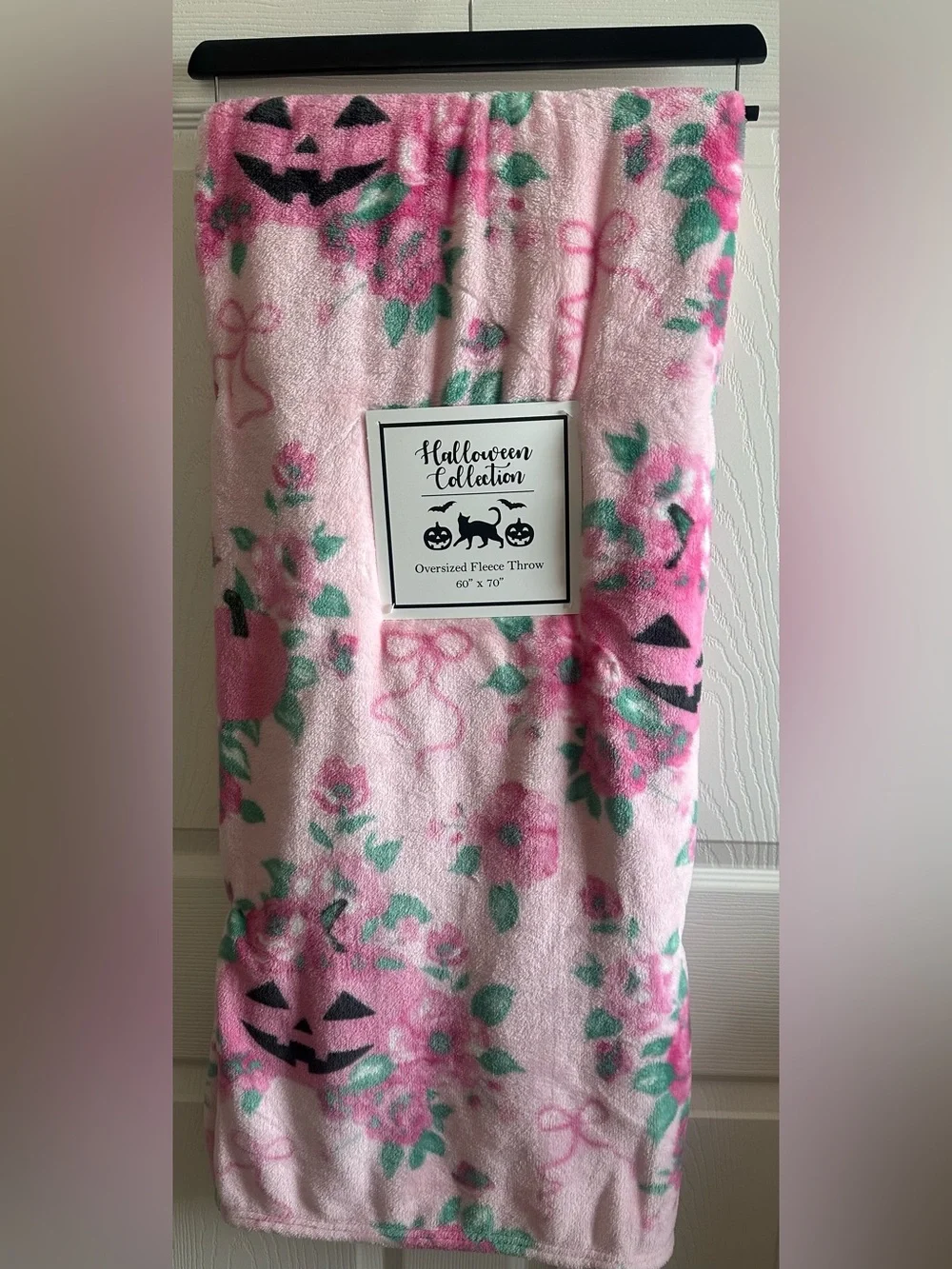 Halloween pumpkin Pink Floral Blanket bow cottage core Fleece 60x70” new